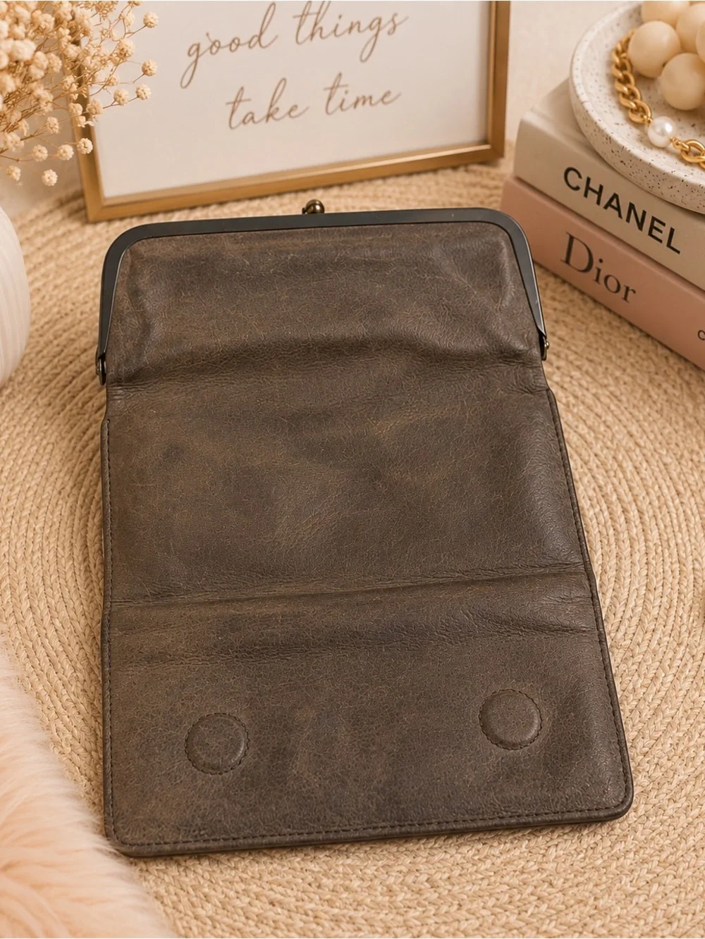 Vintage HOBO Gray Leather Frame Clutch with Floral Lining and Brown Accents